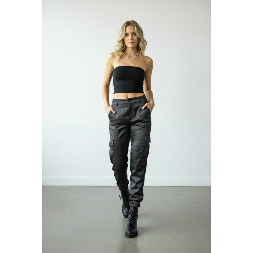 NEW Anthropologie Gray/Green Shim Satin Crop Cargo Ankle Jogger Pants Size M
